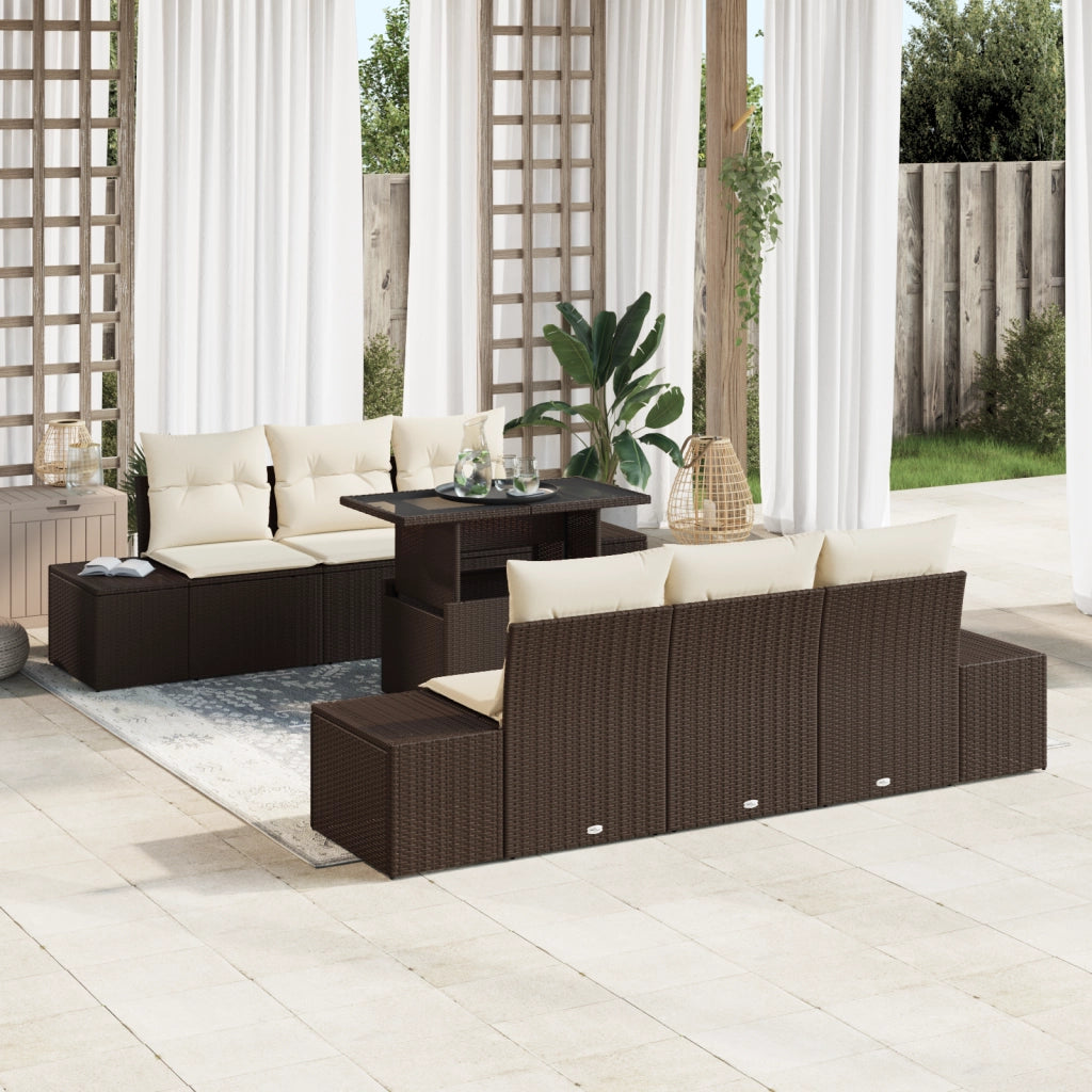 Set di divani da giardino 7 pezzi con cuscini marroni in polyrattan