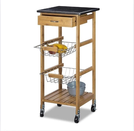 Trolley da Cucina in Bambù e Marmo - Carrello da Servire con Lati e Cestelli Estensibili - Ideale per Cucina, Sala da Pranzo e Deposito di Cucina