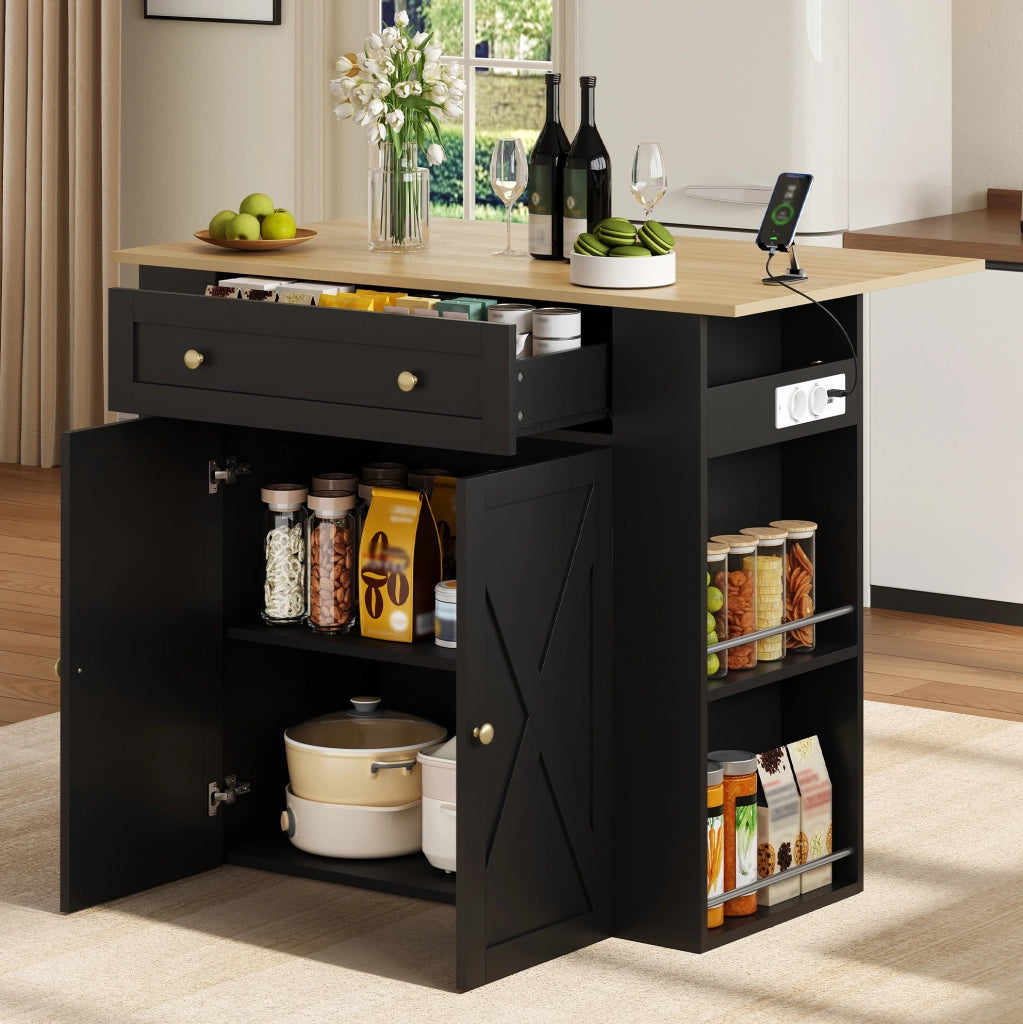 Isola da cucina con piano ribaltabile; presa 2 AC e 2 USB; MDF; 120 x 75 x 97 cm; nera