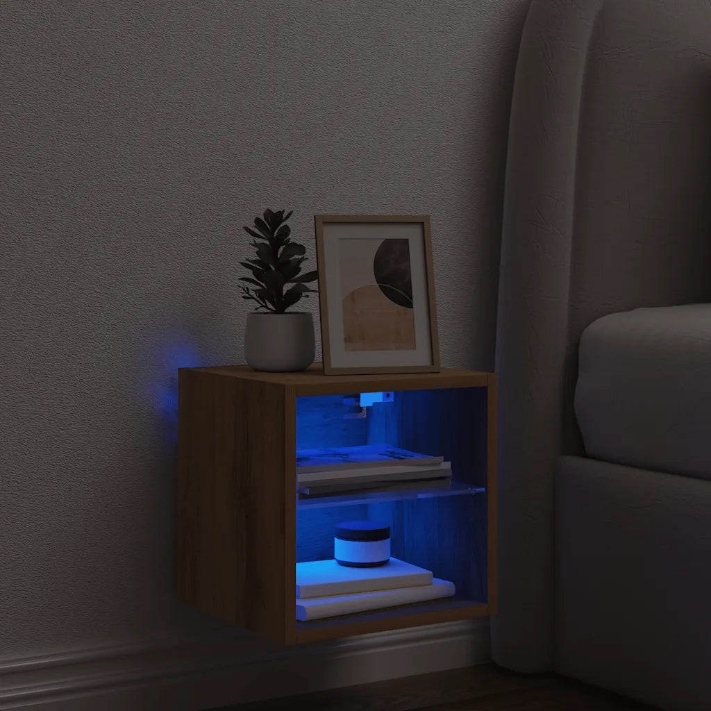 Mobile TV a Parete con Luci LED Rovere Artigianale 30x28,5x30cm