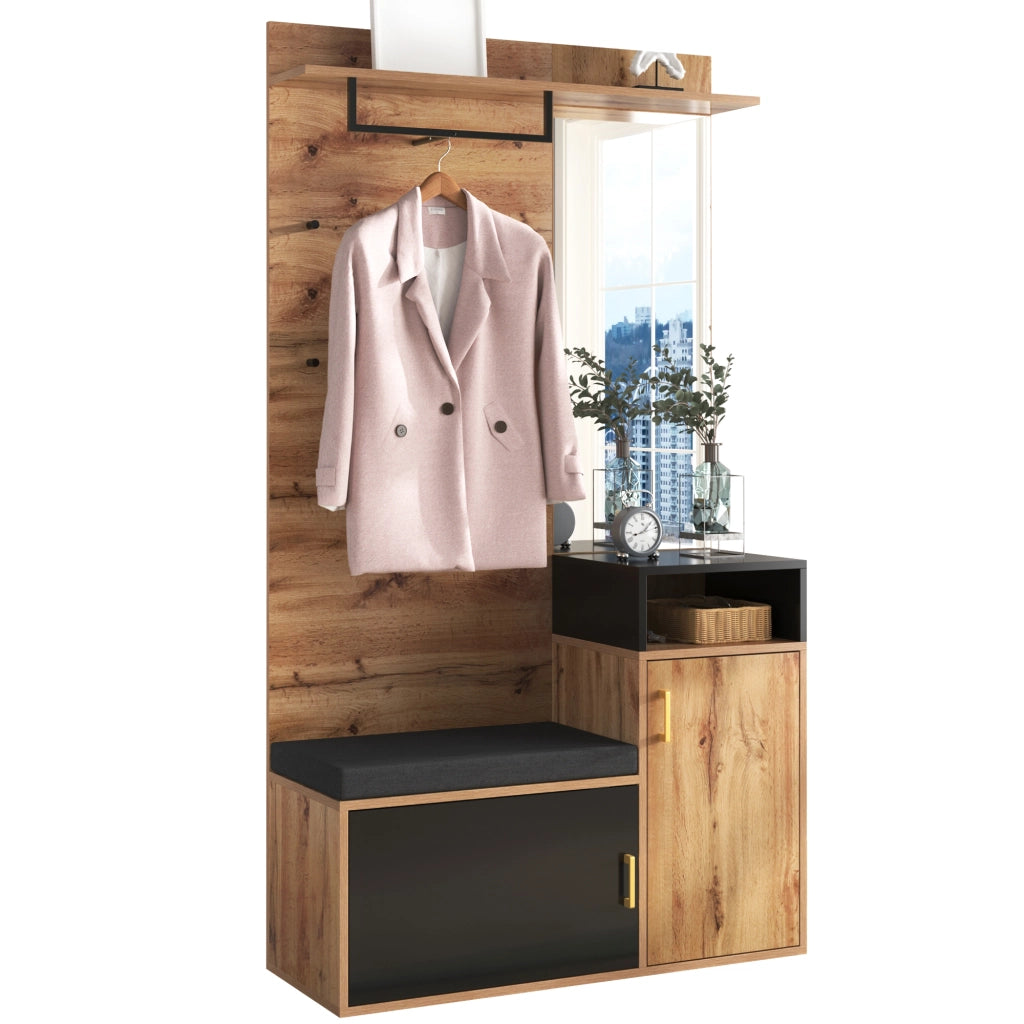 Set da ingresso con specchio; 4 ganci; asta; scarpiera per 9-12 paia e panca; MDF e truciolato; nero e legno; 191;5x105x40 cm