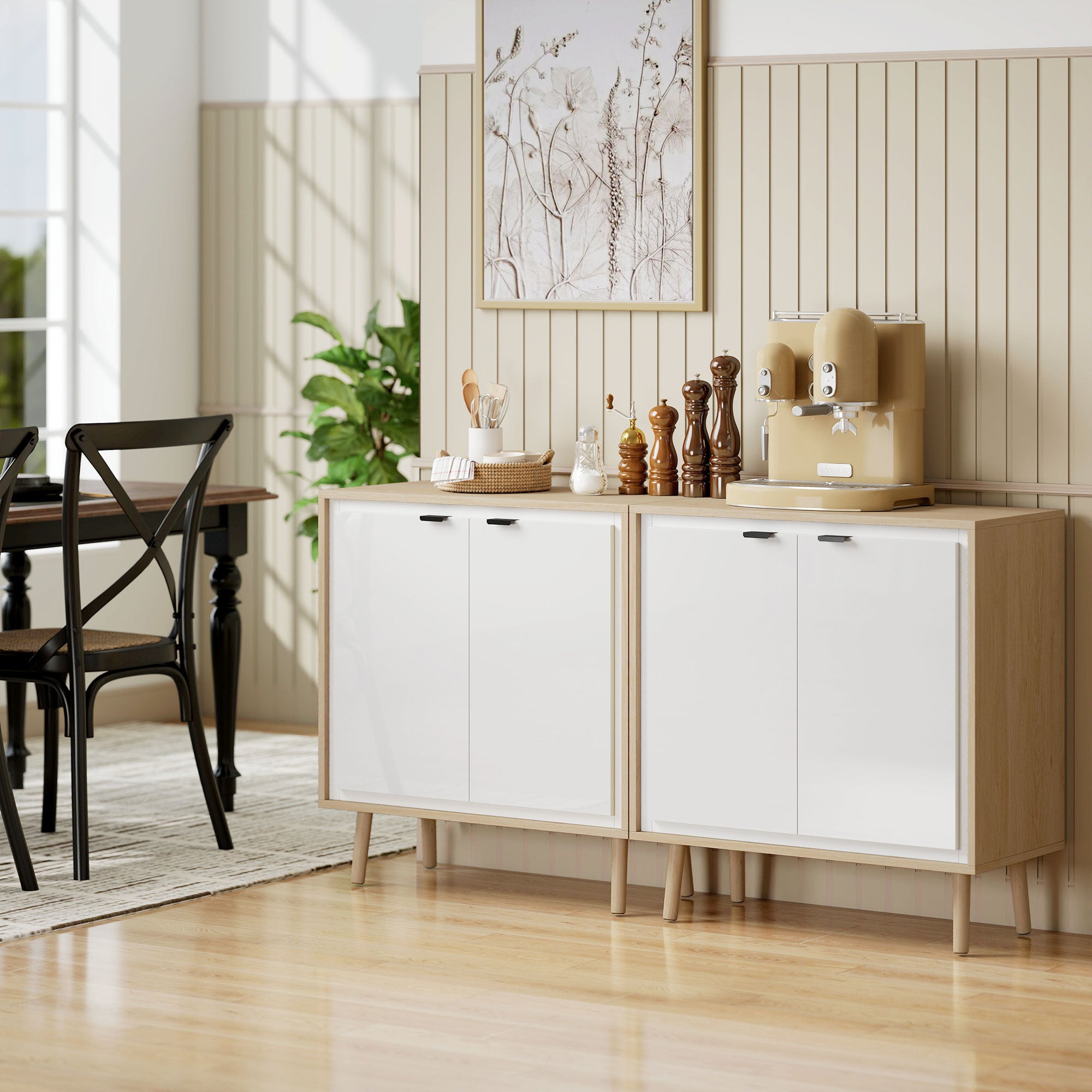 Credenza Moderna 72x35x77 cm a 2 Ante con Ripiano Regolabile Bianco Lucido e Rovere