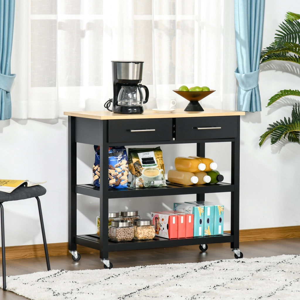 Carrello da cucina con ruote ¨C zephmum ¨C 2 ripiani, 2 cassetti, nero, legno naturale