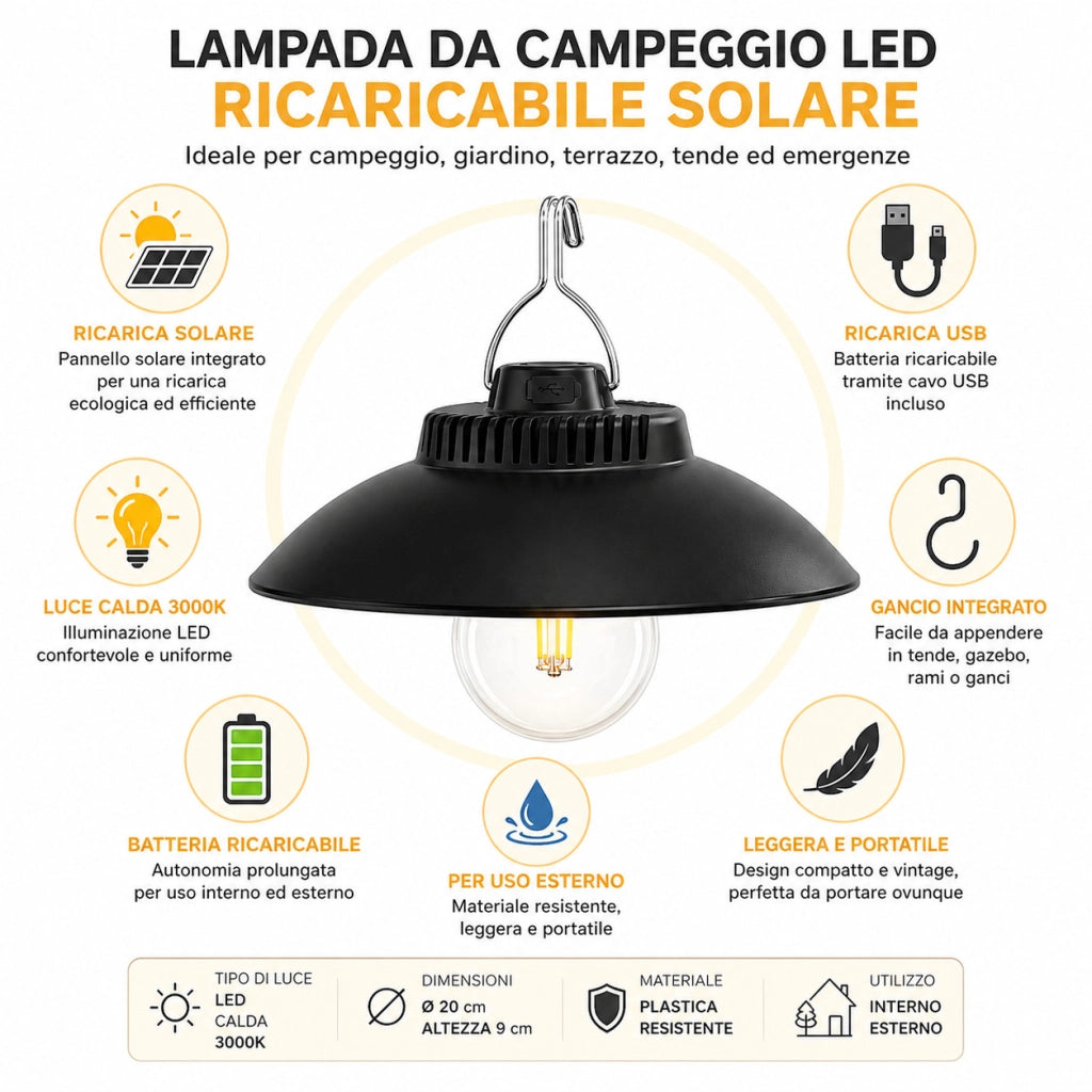 LAMPADA CAMPEGGIO LED RICARICABILE SOLARE CON GANCIO LUCE CALDA 3000K TE-B0627