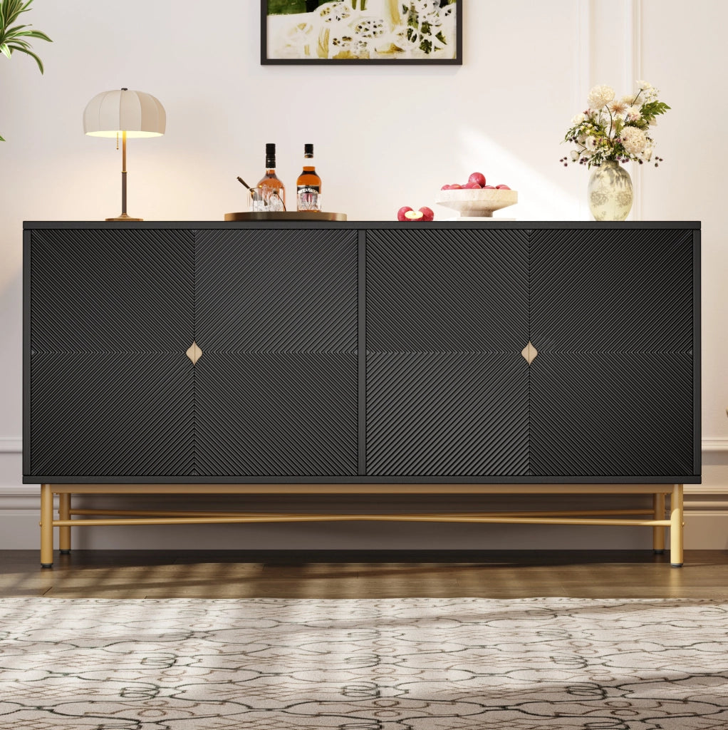 Credenza nera 160 cm con 4 ante a rilievo, maniglie dorate e chiusura ammortizzata