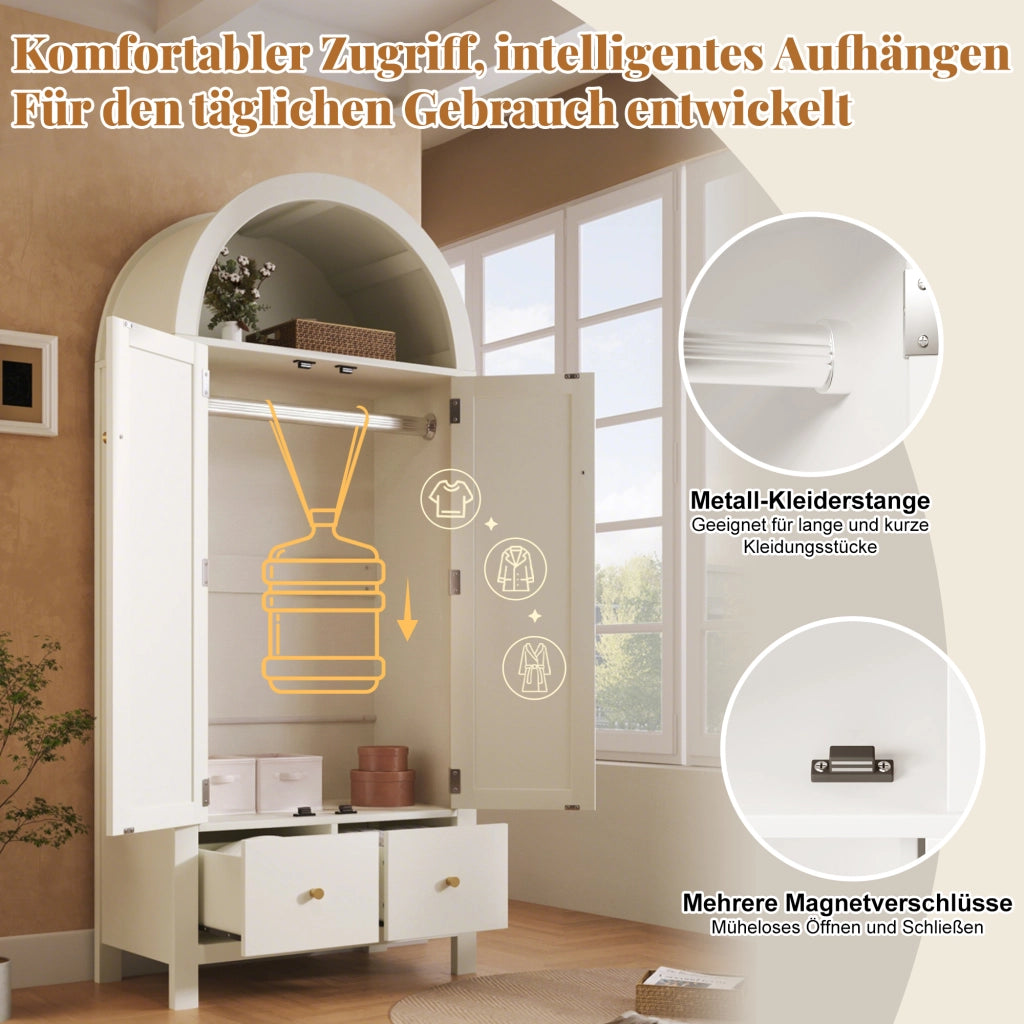 Armadio con intreccio in rattan, 2 ante, 2 cassetti e appendiabiti, stile country, bianco, 181 × 78 × 45 cm