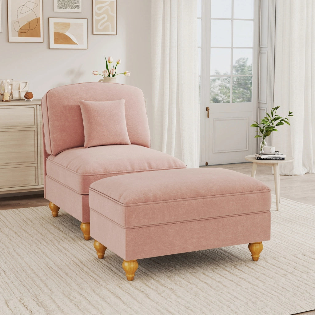Poltrona lounge con pouf e gonna rimovibile; seduta morbida e gambe a fuso in chenille rosa