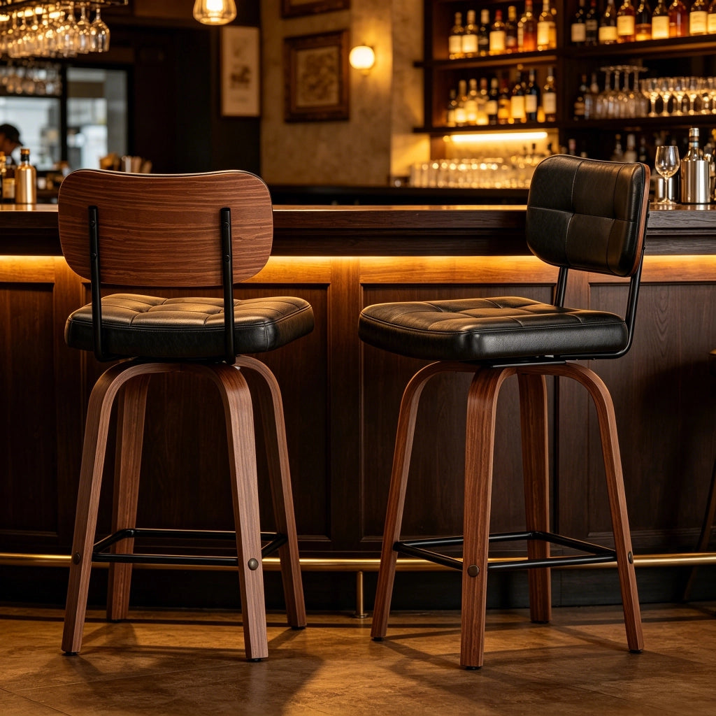 Sgabello da bar girevole con schienale ergonomico e design scandinavo, struttura stabile in pu e legno, nero e noce scuro