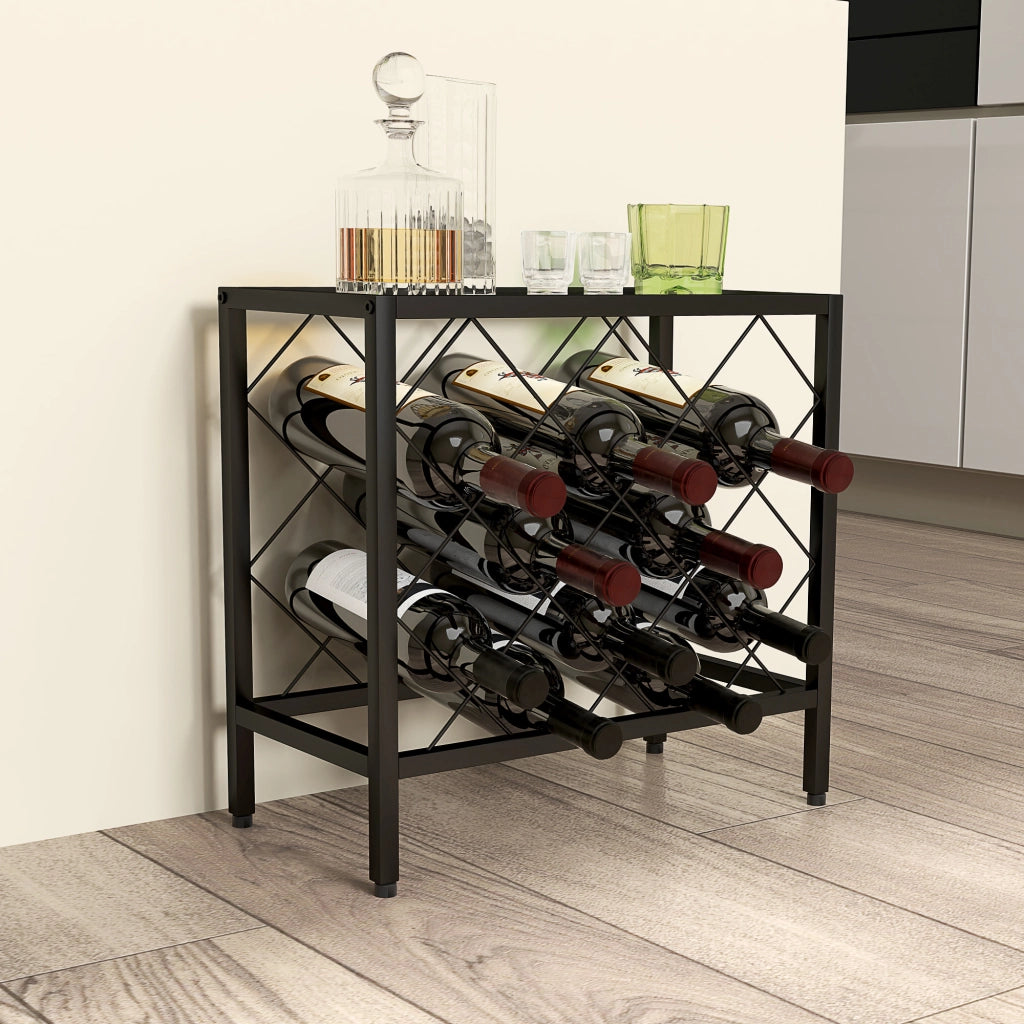 Portabottiglie per Vino 10 Bottiglie ¨C Xylo ¨C Acciaio Nero con Piano in Vetro Temperato 41x22x41 cm