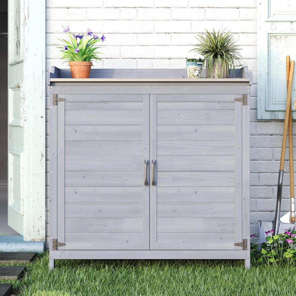 Tavolo da Esterno per Piante, Tavolo da Giardino con Piano di Lavoro Impermeabile, Tavolo da Lavoro in Legno con 1 Ripiano Regolabile, 48x98x95 cm. (Grigio)