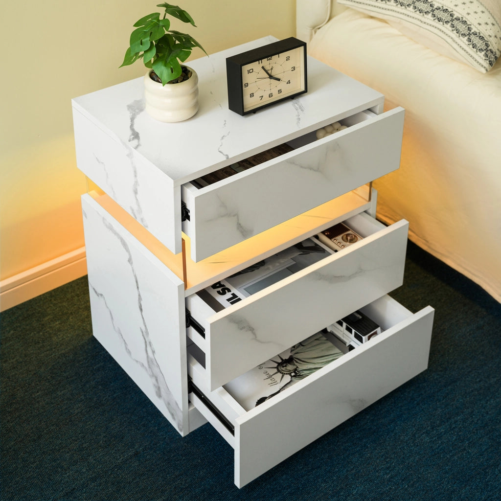 Comodino con luce LED e 3 cassetti in legno ingegnerizzato con pannello acrilico per camera da letto, bianco