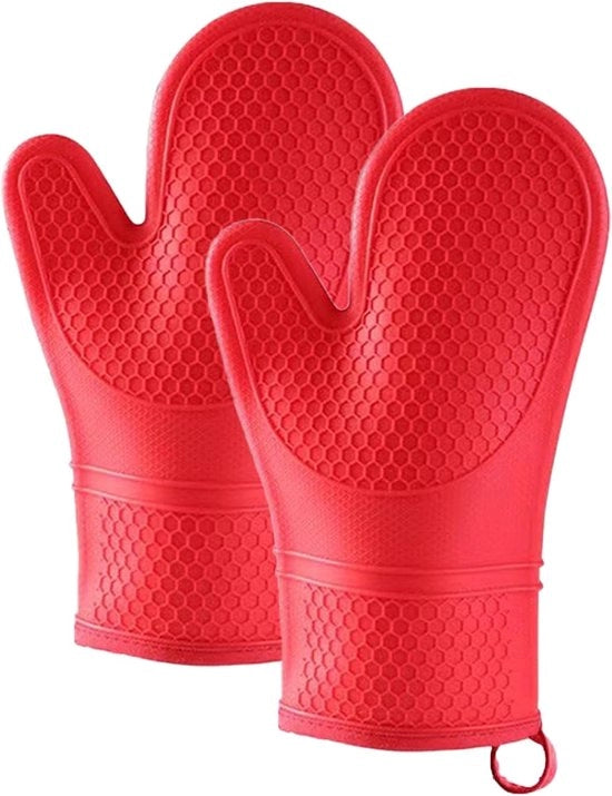 Ovenwanten in silicone con rivestimento di cotone, 2-pack per cucina, resistente al calore e antiscivolo, adatto per grigliare, cucinare, cuocere, rosso