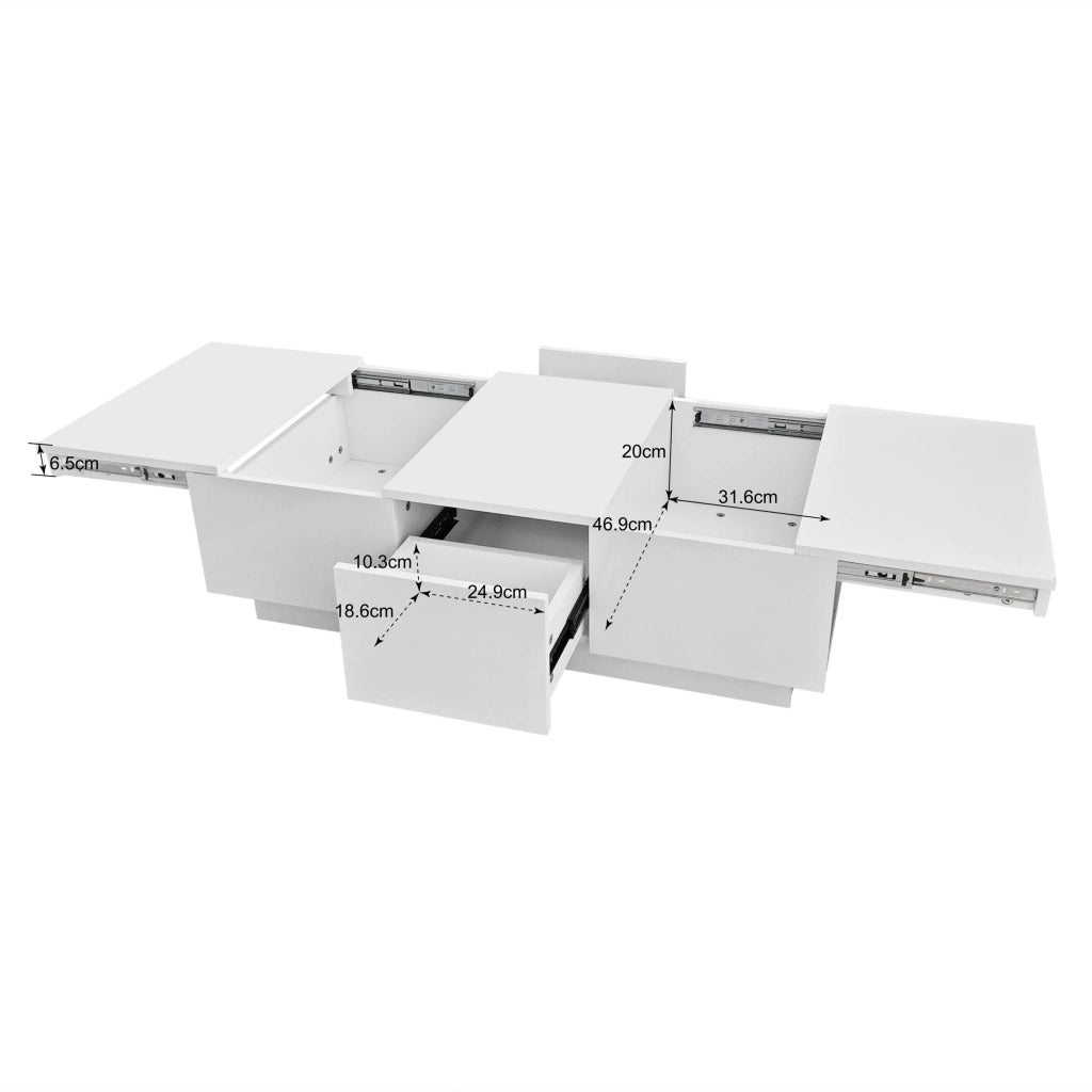 TAVOLINO da caffè 100x50x31 cm bianco lucido con cassetti e vani contenitore