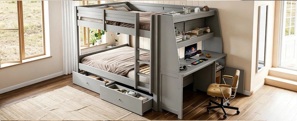 Letto a castello con armadio laterale e scrivania, 140x200 cm, grigio