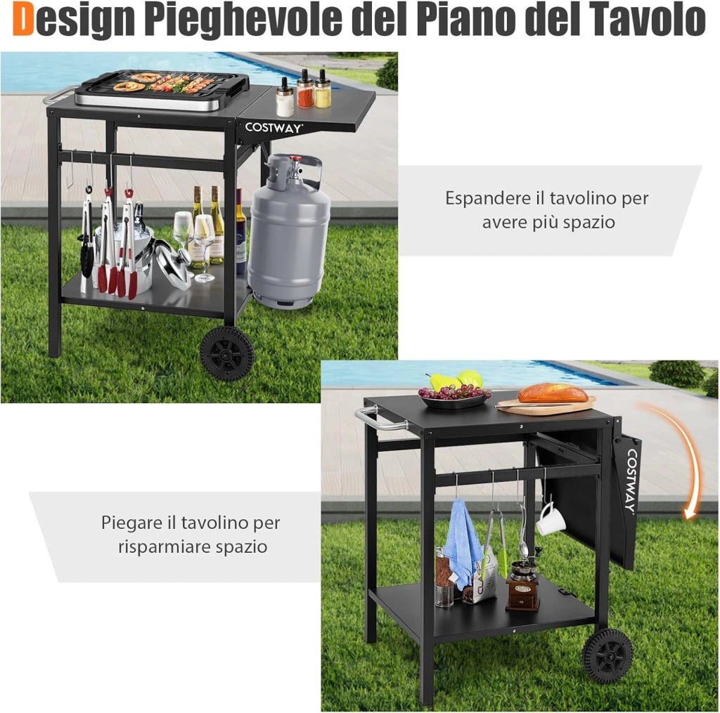Carrello per Barbecue, Carrello di Servizio con Ruote e 4 Ganci, Pannello Laterale Pieghevole, Carrello Cucina Multiuso per Forno da Pizza, per Casa Cortile Patio e Giardino