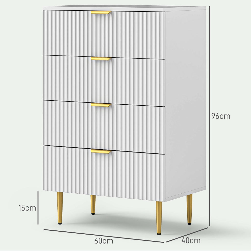Cassettiera 4 Cassetti Moderna con Maniglie Dorate 60x40x96 cm Bianco