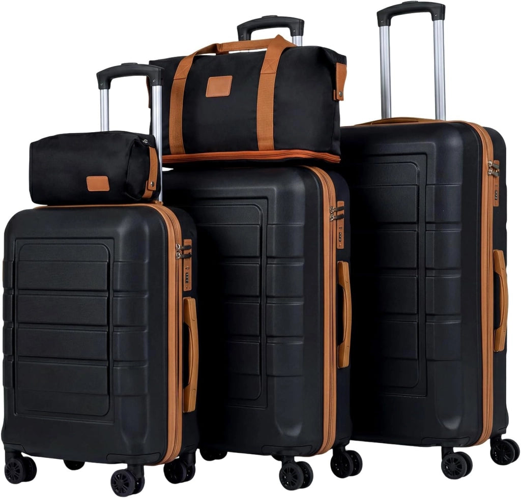Set di 5 Pezzi Valigie da Viaggio, Set 3 Valigie Rigide in ABS (28”/24”/20”con 1 Bagaglio a Mano e 1 Borsetta, Lucchetto a Codice, Manico Telescopico e Ruote Girevoli, Trolley da Cabina (Beige)