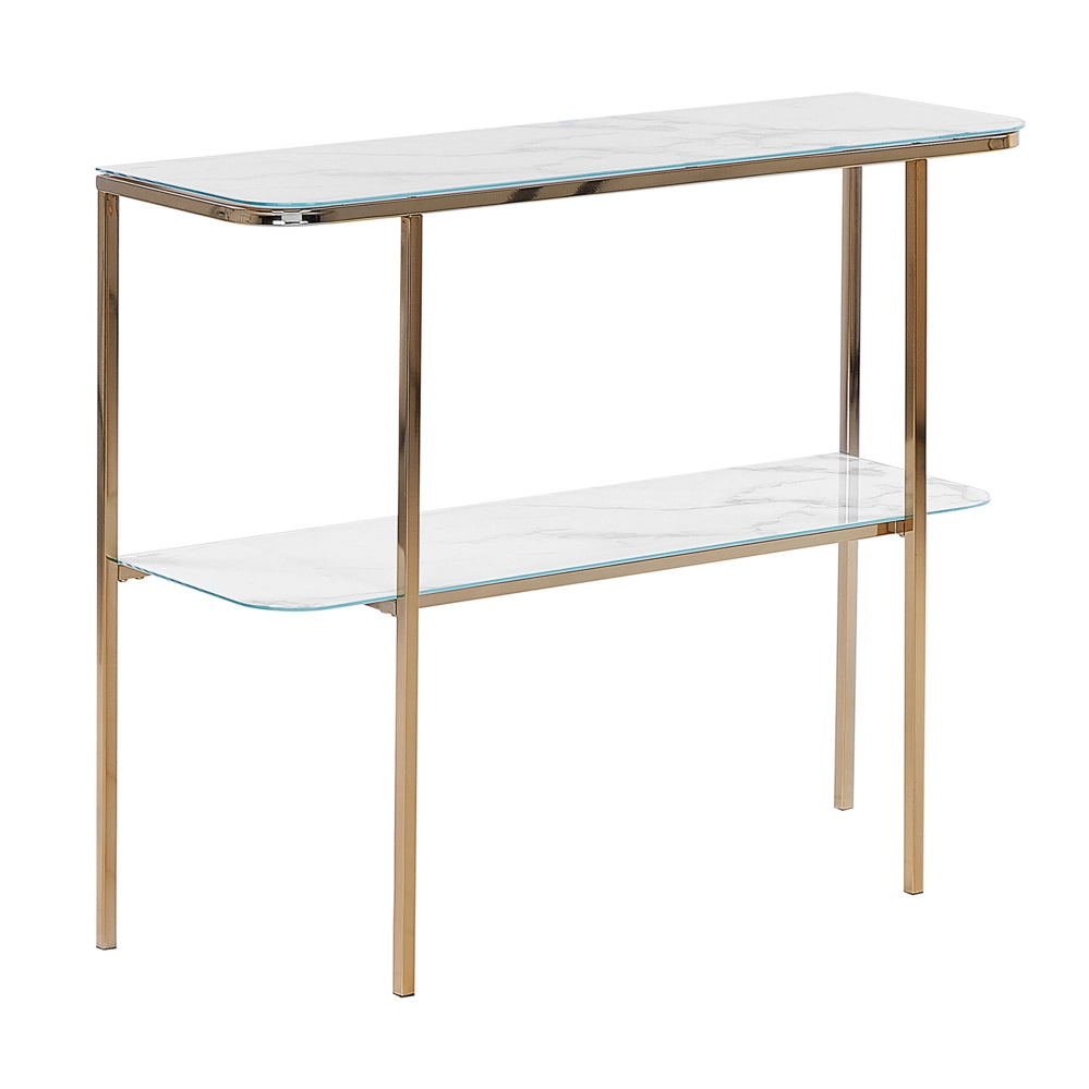 Consolle dorato Bianco Vetro Temperato Acciaio 100 x 35 cm Effetto Marmo Glam Moderno Soggiorno Camera Da Letto Corridoio