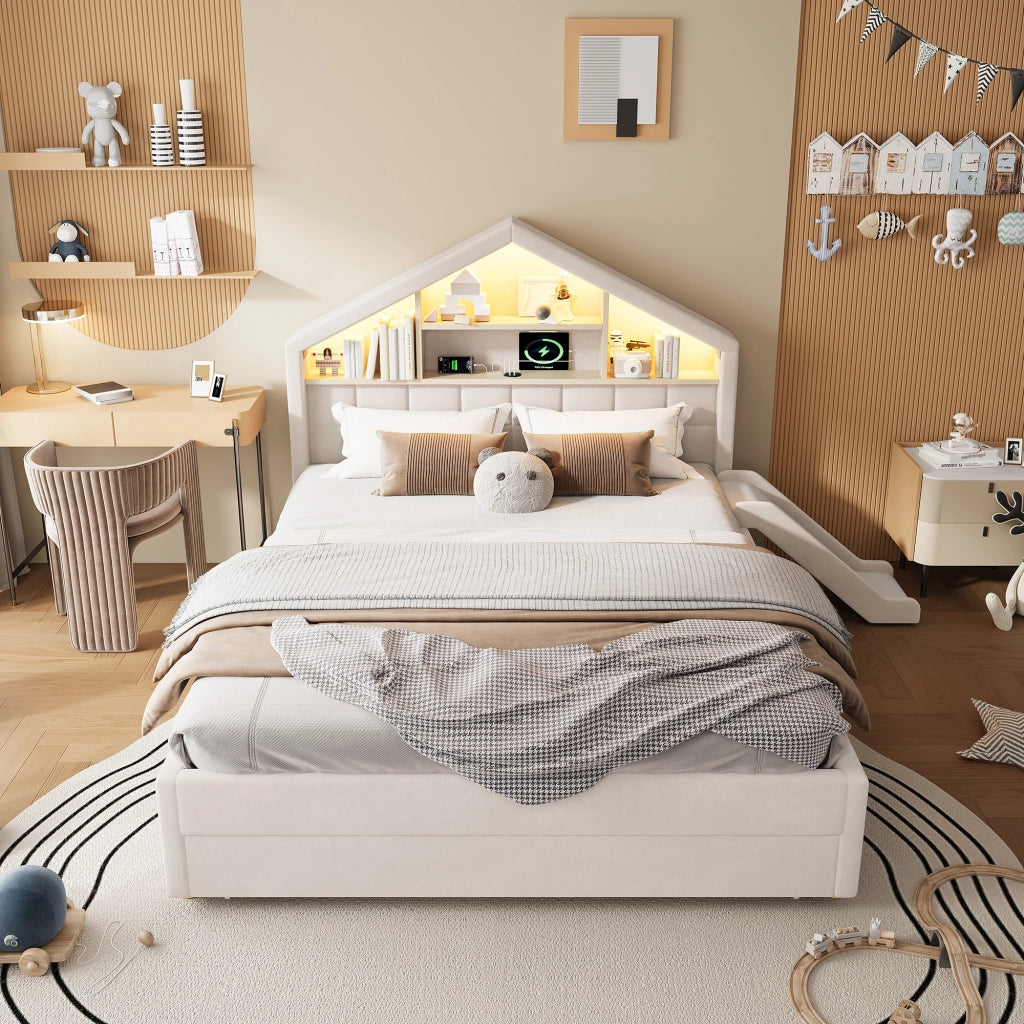 Letto per bambini imbottito con scivolo e LED, 140x200 cm, beige