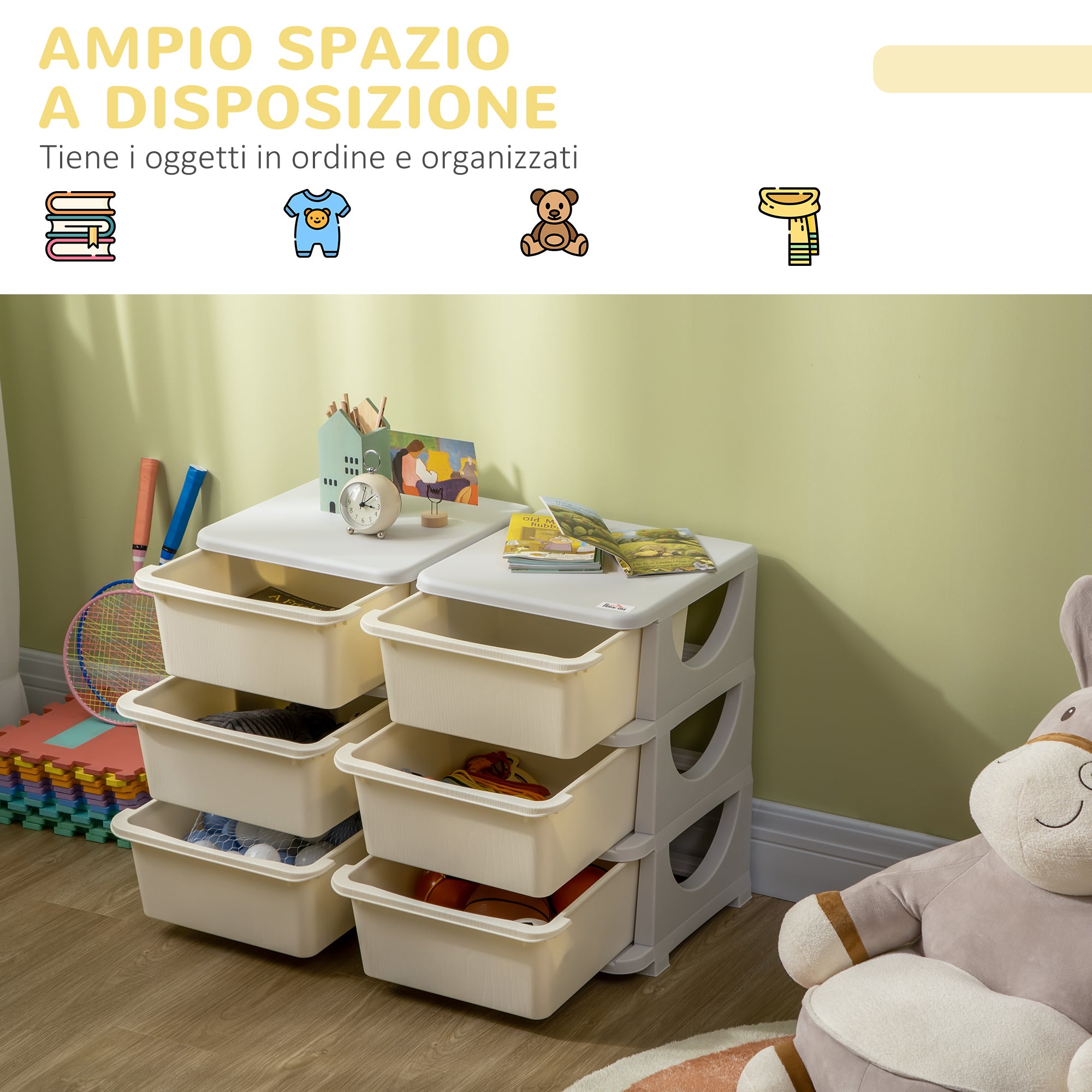 Cassettiera Portagiochi per Bambini 3-6 Anni 75x37x56.5 cm 6 Cassetti con Bordi Arrotondati in PP Bianco Crema