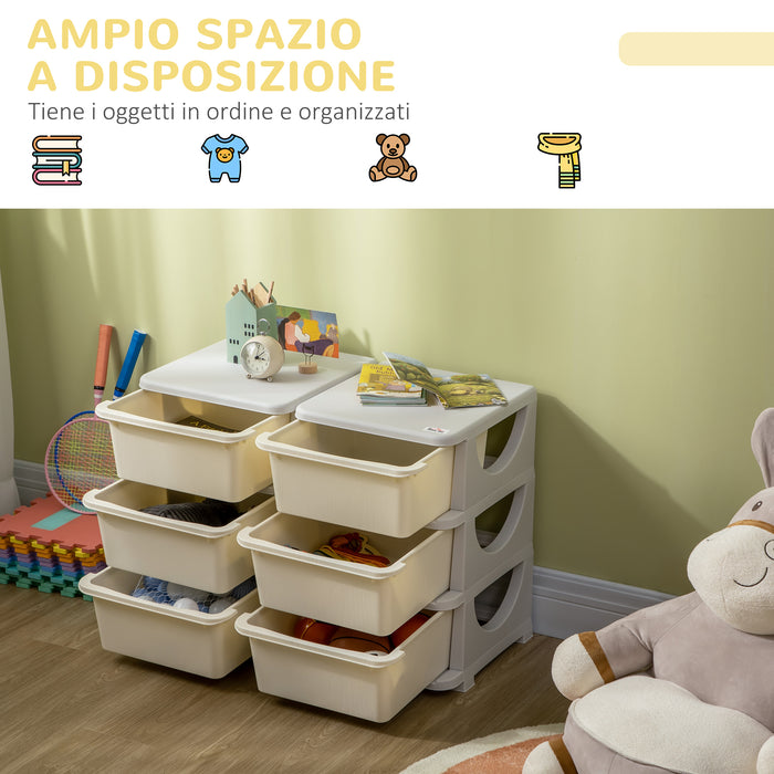 Cassettiera Portagiochi per Bambini 3-6 Anni 75x37x56.5 cm 6 Cassetti con Bordi Arrotondati in PP Bianco Crema