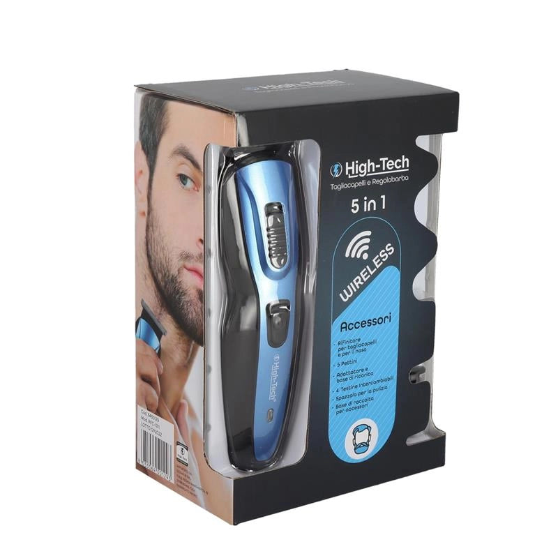 HIGH-TECH TAGLIA CAPELLI E REGOLABARBA WIRELESS 5 IN 1 CON AUTONOMIA DI RICARICA DI 60 MINUTI ASENZA FILI