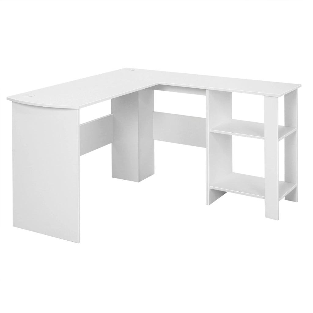 Scrivania per computer a forma di L-Scrivania ad angolo con 2 fori per cavi e 2 ripiani supporto per CPU Bianco