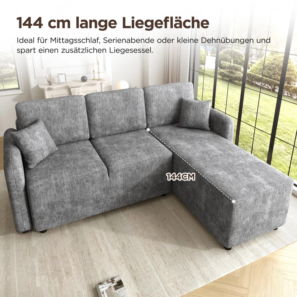 Divano angolare a L a 3 posti con area relax e 2 cuscini in ciniglia con struttura in legno massello grigio