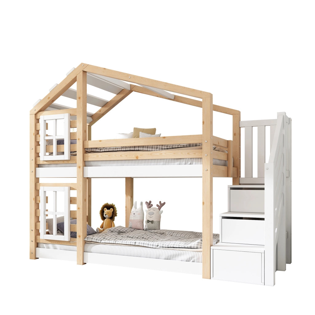 OKWISH Letto a castello casetta 90×200 cm, Letto Singolo con scala contenitore, cassetti e barriera, senza Materasso, Naturale e Bianco