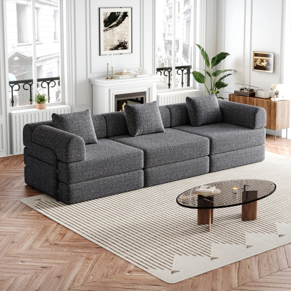 Divano letto convertibile modulare a 1 posto in ciniglia con vano bracciolo funzione letto struttura in acciaio grigio