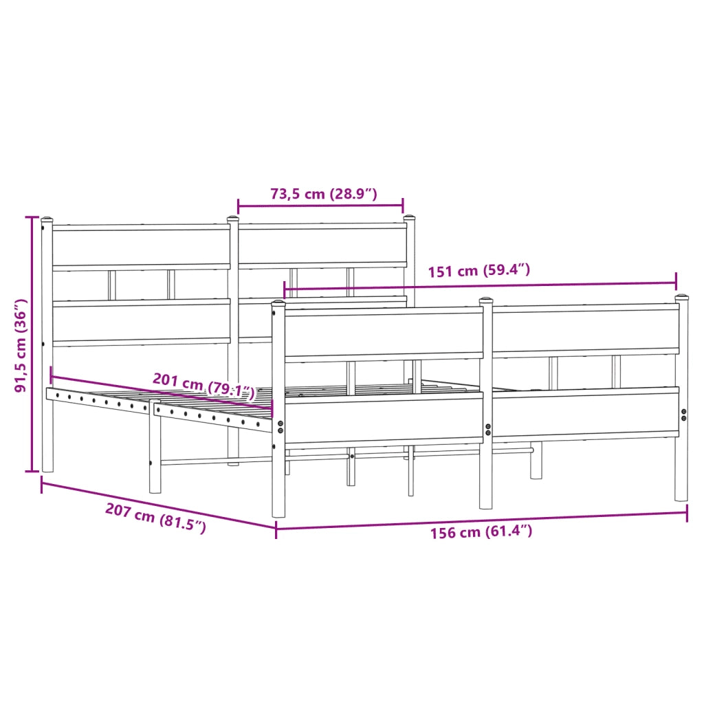 Letto matrimoniale | Letto per adulti | Giroletto senza Materaso in Metallo Rovere Fumo 150x200 cm
