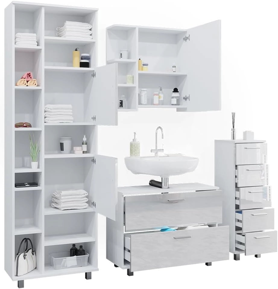 Set di mobili da bagno Ilias, Bianco lucido, 80.2 cm, composto da mobile lavabo, pensile a specchio, colonna e base media