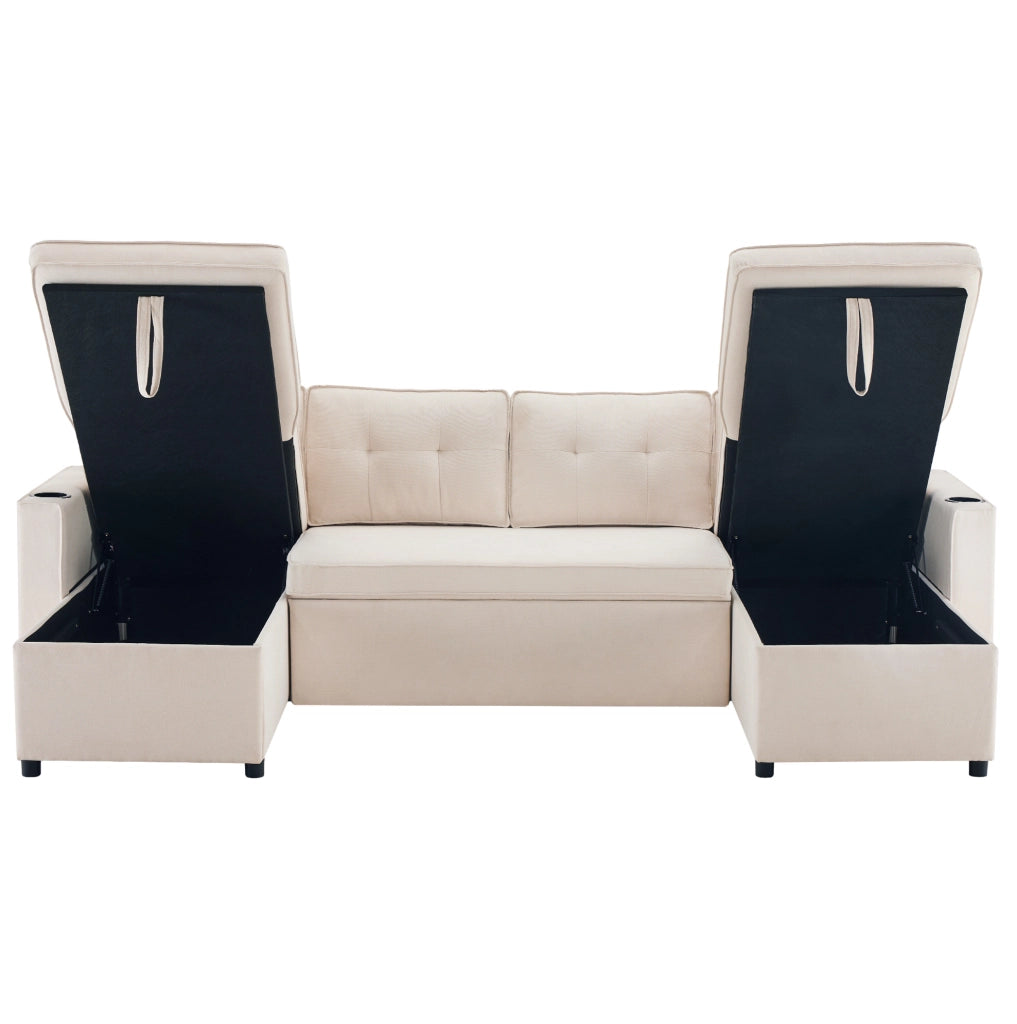 Divano letto a U 4 posti beige effetto lino con contenitori, portabicchieri e cuscini inclusi