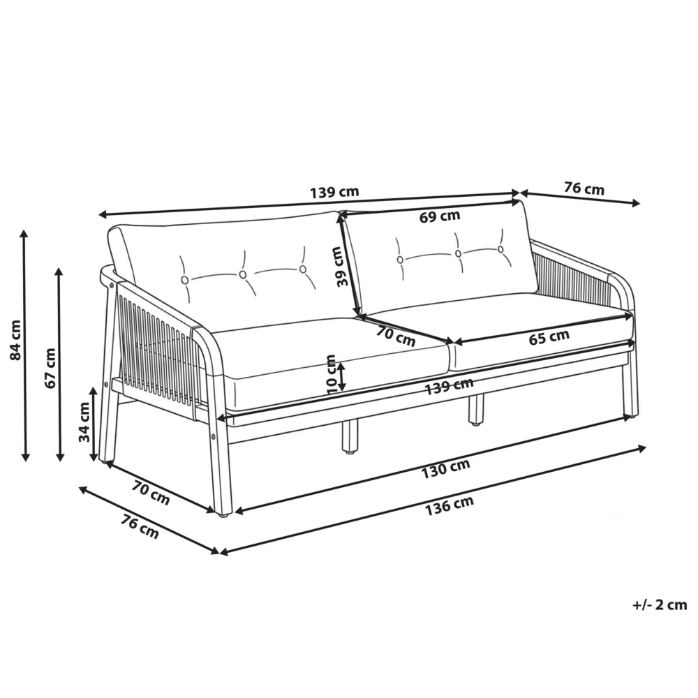 Divano da giardino a 2 posti in legno di acacia chiaro con cuscini imbottiti beige chiaro, struttura a doghe, per terrazza, stile moderno