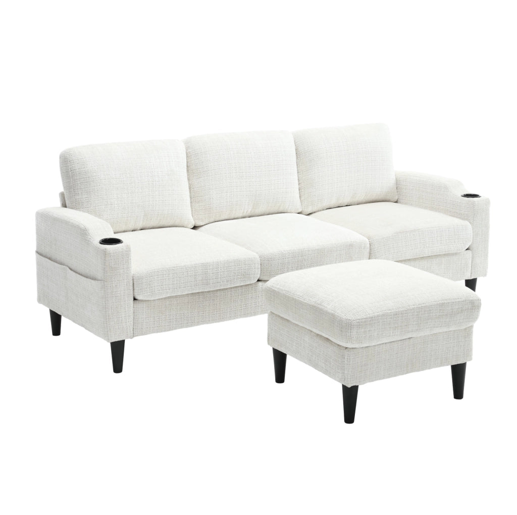 Divano 4 posti beige con pouf contenitore in ciniglia; porta-bicchieri e tasche laterali HOMVRA
