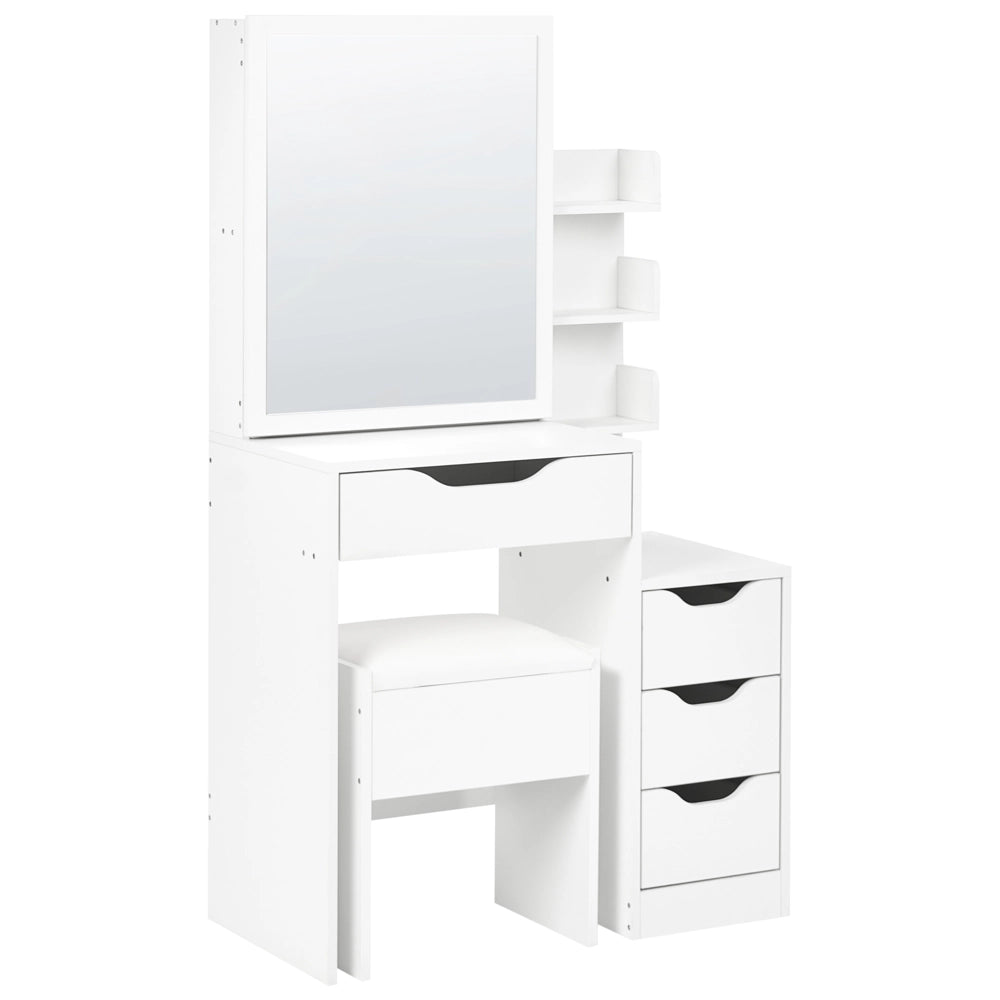 Toeletta in MDF bianco con specchio e sgabello 4 cassetti 3 ripiani scrivania da toeletta specchio per il trucco design minimalista