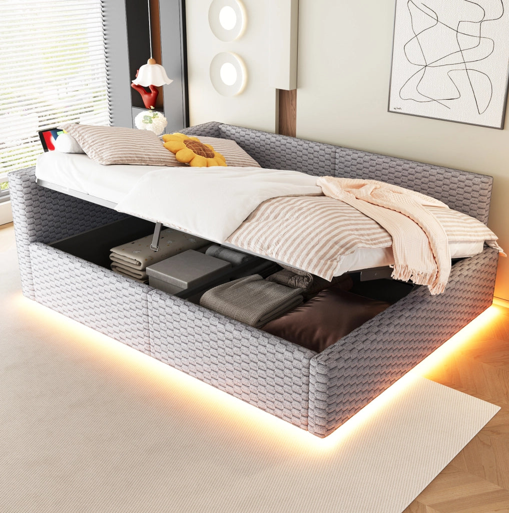 Letto imbottito ULEVR 140x200 cm con contenitore idraulico, LED, USB e Type-C, velluto grigio
