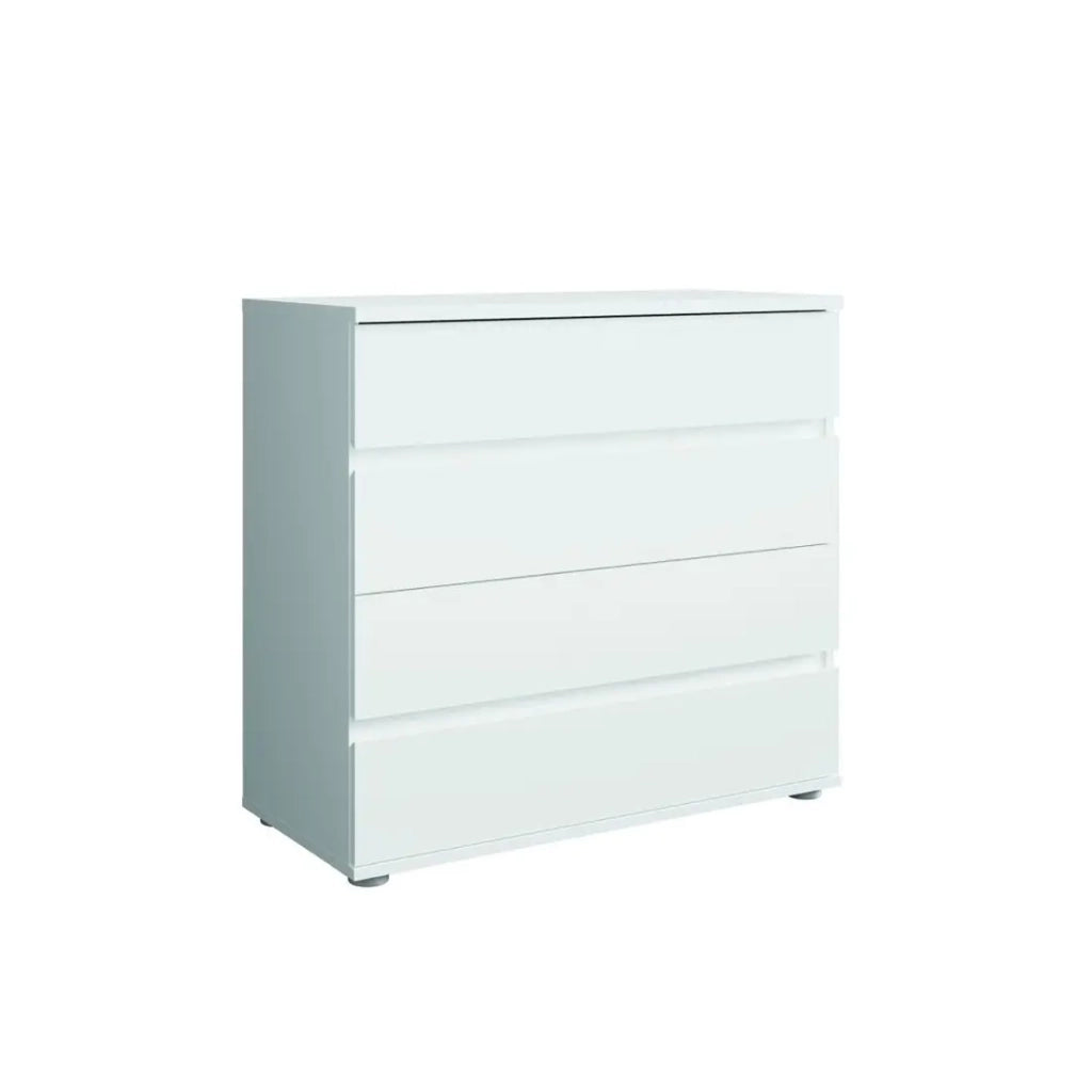 Set camera NOFI - Letto 180x200 cm con doghe, 2 cassetti, comodini, armadio e cassettiera - bianco