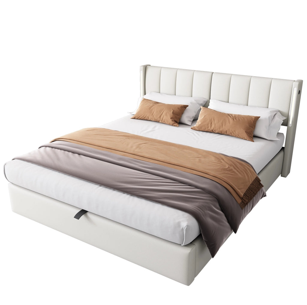Letto matrimoniale 180x200 cm in PU bianco con LED; USB; contenitore e testiera reclinabile