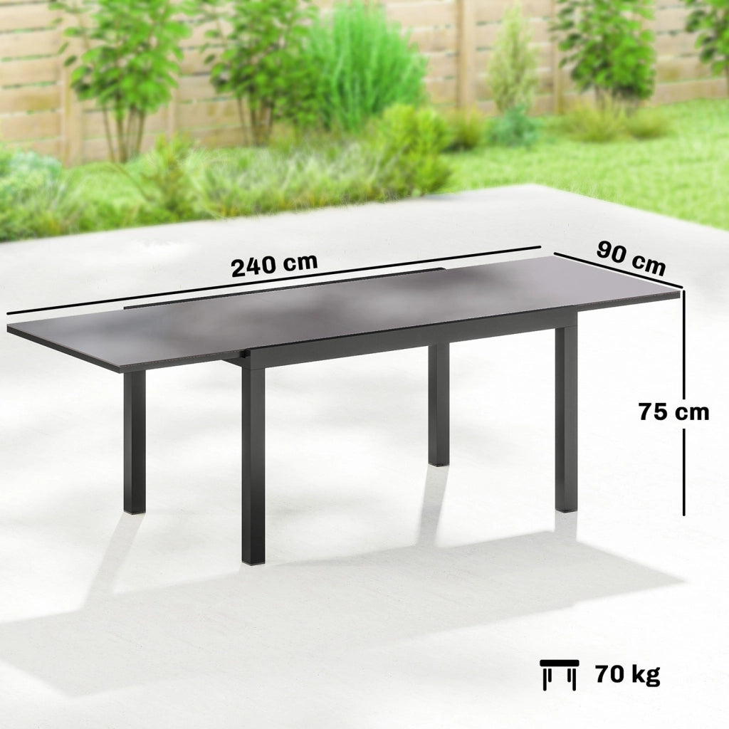 Tavolo da Giardino Allungabile 140-240x90x75 cm in Alluminio e Vetro Nero