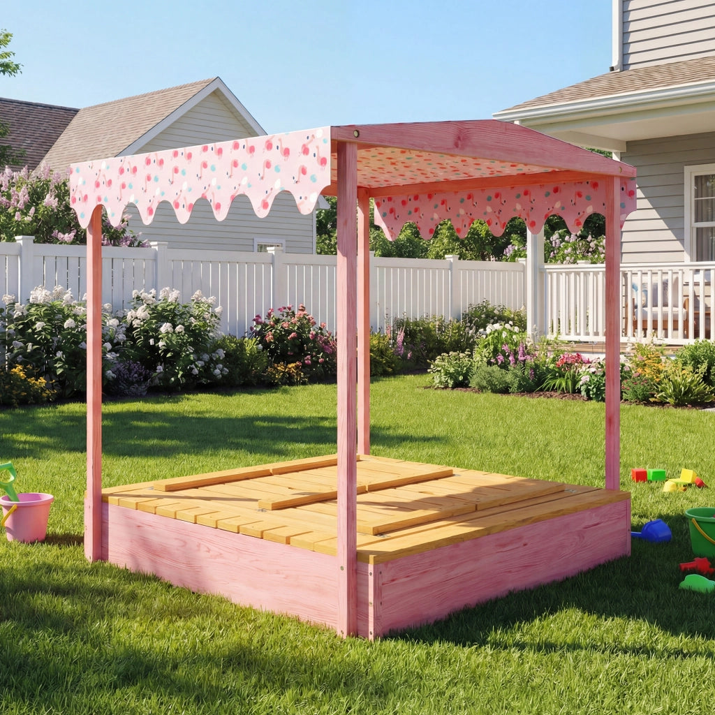 Sabbiera per Bambini 3-6 Anni 134,5x127,5x130 cm con Tettuccio Fenicotteri Sedute Pieghevoli Coperchio e Fodera in Legno