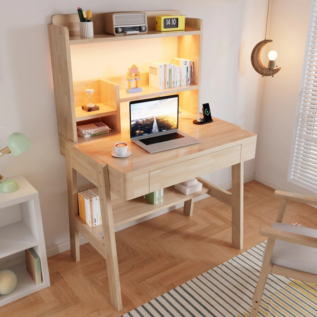 Scrivania per bambini, regolabile in altezza, con cassetto, ripiani, luce a LED, porta USB, color rovere