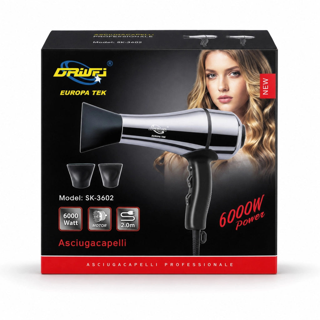 ASCIUGACAPELLI PROFESSIONALE 6000W PHON IONICO CON 2 BOCCHETTE CAPELLI SK-3602