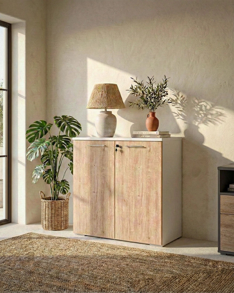 Armadio ufficio Texas - Mobile archivio basso 2 ante con serratura -  L. 90 x H. 83 x P. 42,5 cm – Bianco-Virginia_