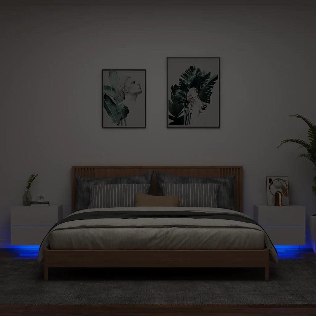 Set di 2 Comodini | Armadio da Notte | Mobiletto da notte a Parete con Luci LED Bianchi