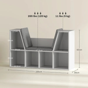 Libreria con seduta imbottita a 6 scomparti, 105 x 30 x 63 cm, bianco
