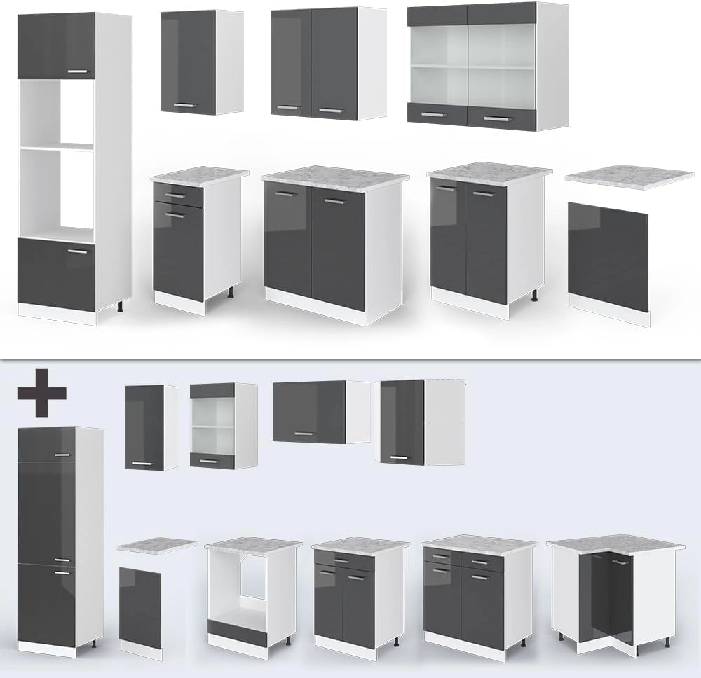 Cucina componibile R-Line, Antracite lucido, 300 cm con armadio alto, PL Marmo, con moduli disposti in modo variabile e piedini regolabili in altezza