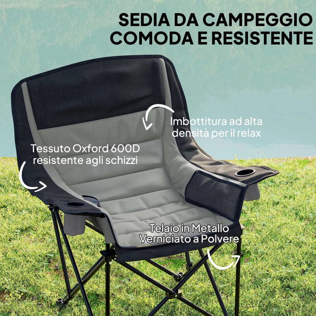 Sedia da Campeggio Pieghevole 99x71x103 cm con 2 Portabicchieri e Tasche Laterali Grigio e Nero