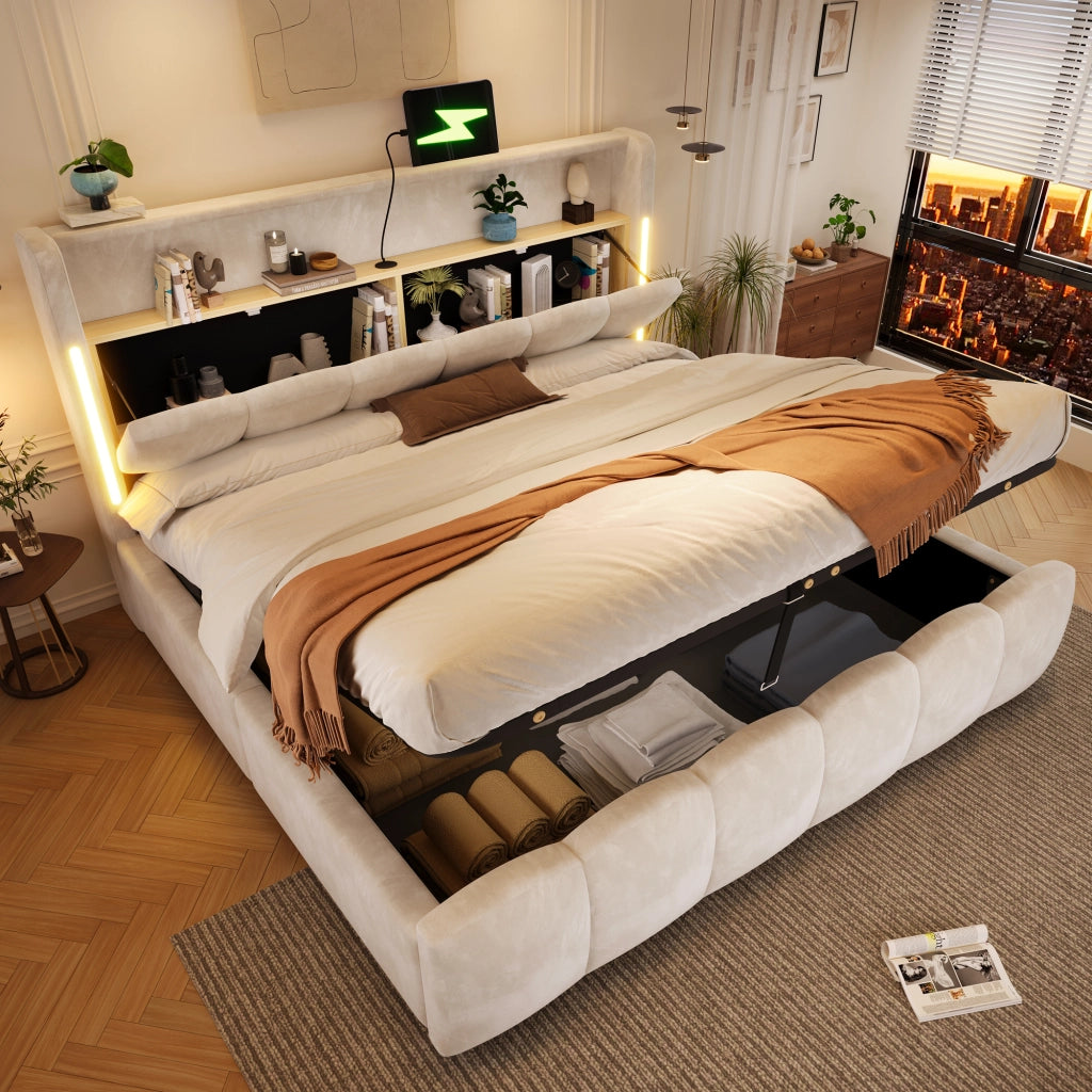 Letto contenitore imbottito con vano idraulico e LED RGB LEMONMAX; 180x200 cm; testiera con vano; USB-C; velluto; beige