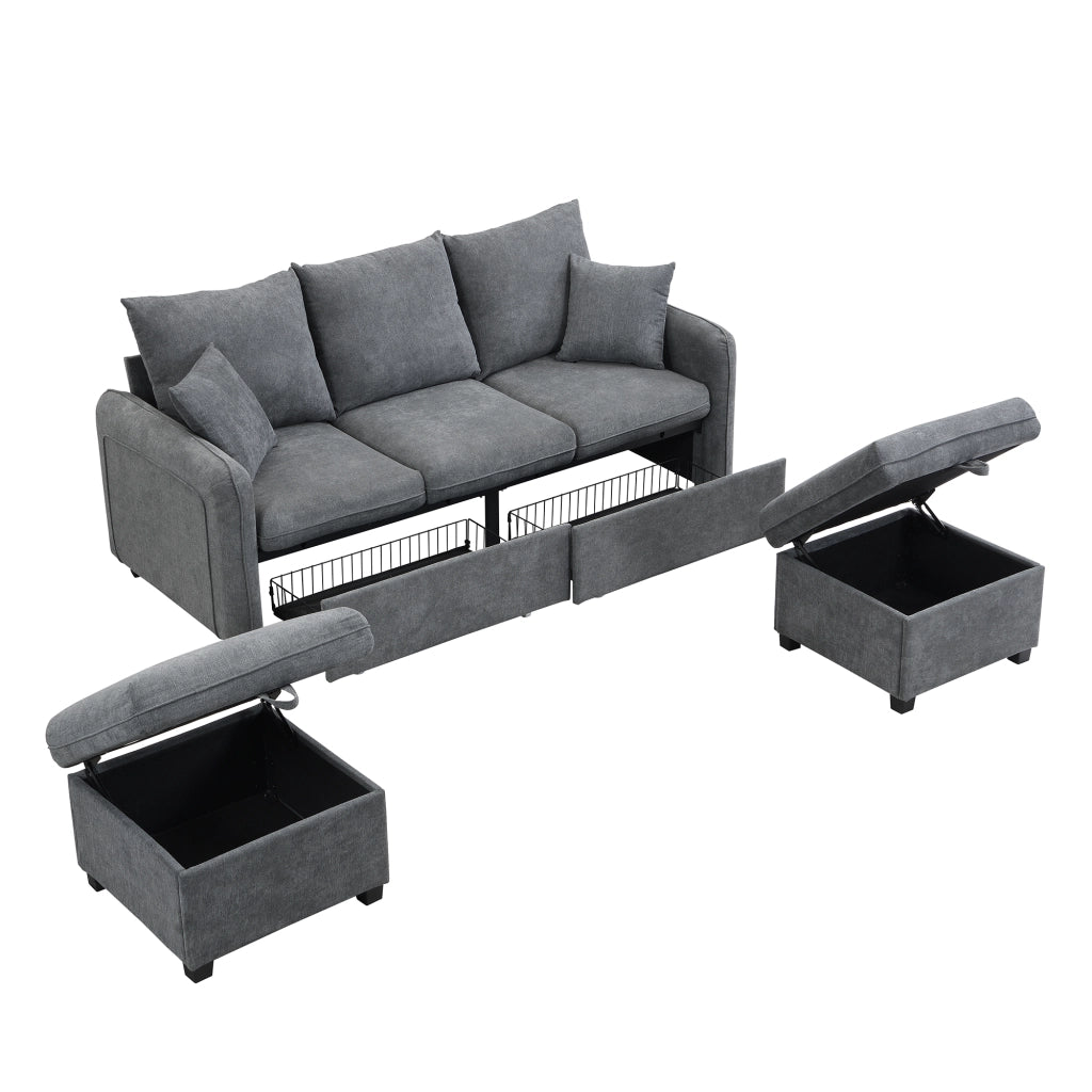 Divano Angolare con Funzione Letto e Contenitore; 2 Pouf Modulari; in Ciniglia; Grigio Scuro